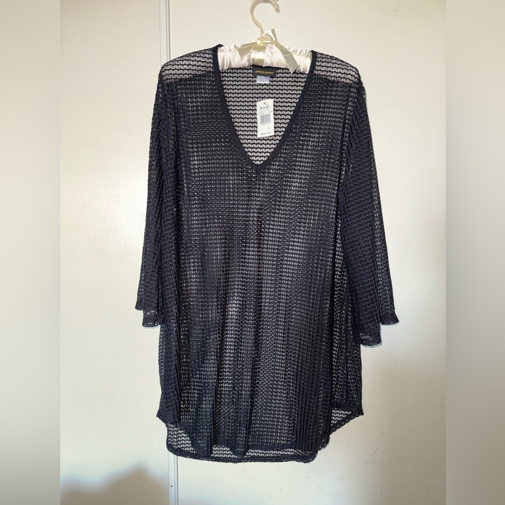 Jordan Taylor Black Sheer V-Neck Swim Coverup Tunic with Three-Quarter Sleeves